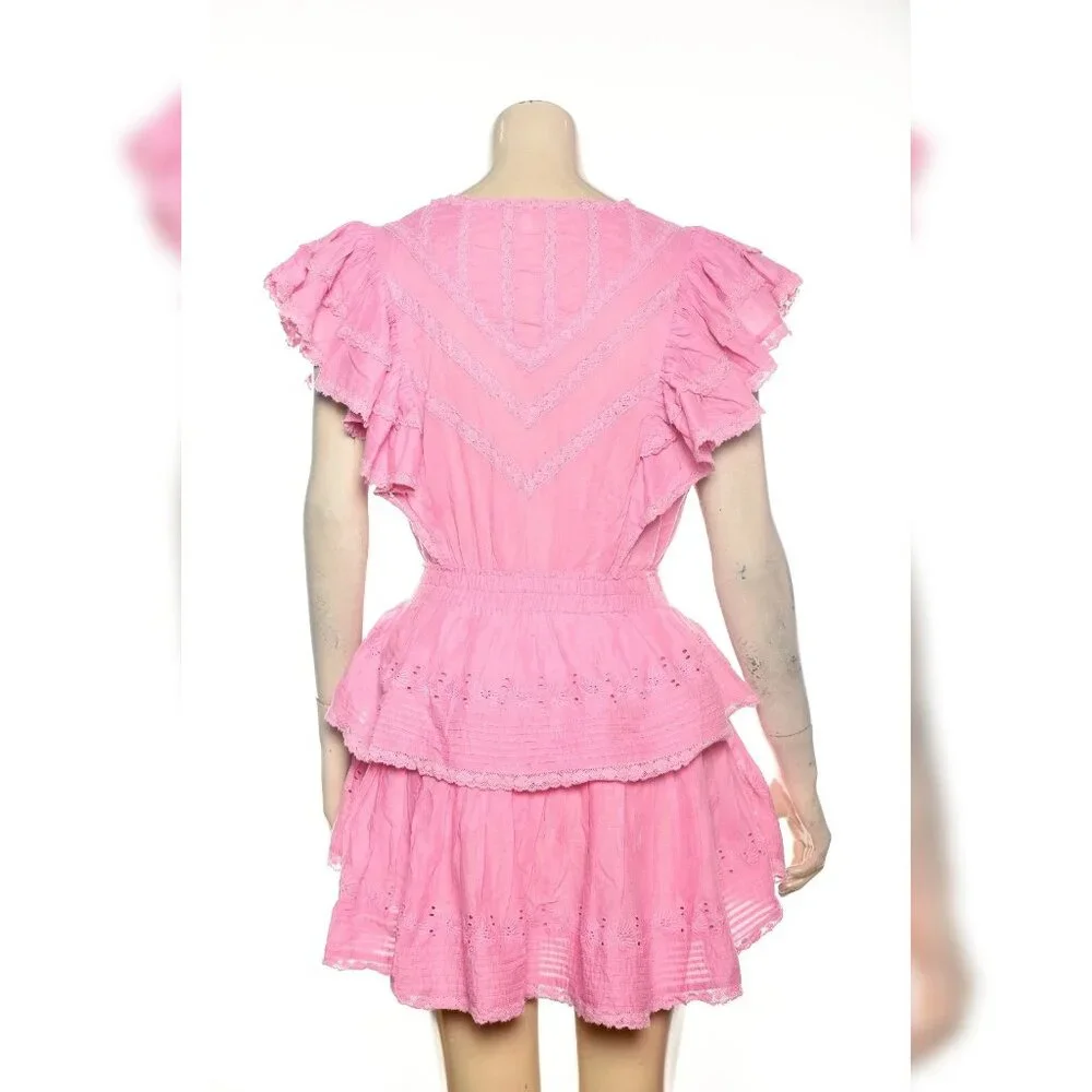LoveShackFancy Gwen Heritage Mini Dress S 6 Embroidered Cotton Pink Short 42378 - Picture 4 of 6